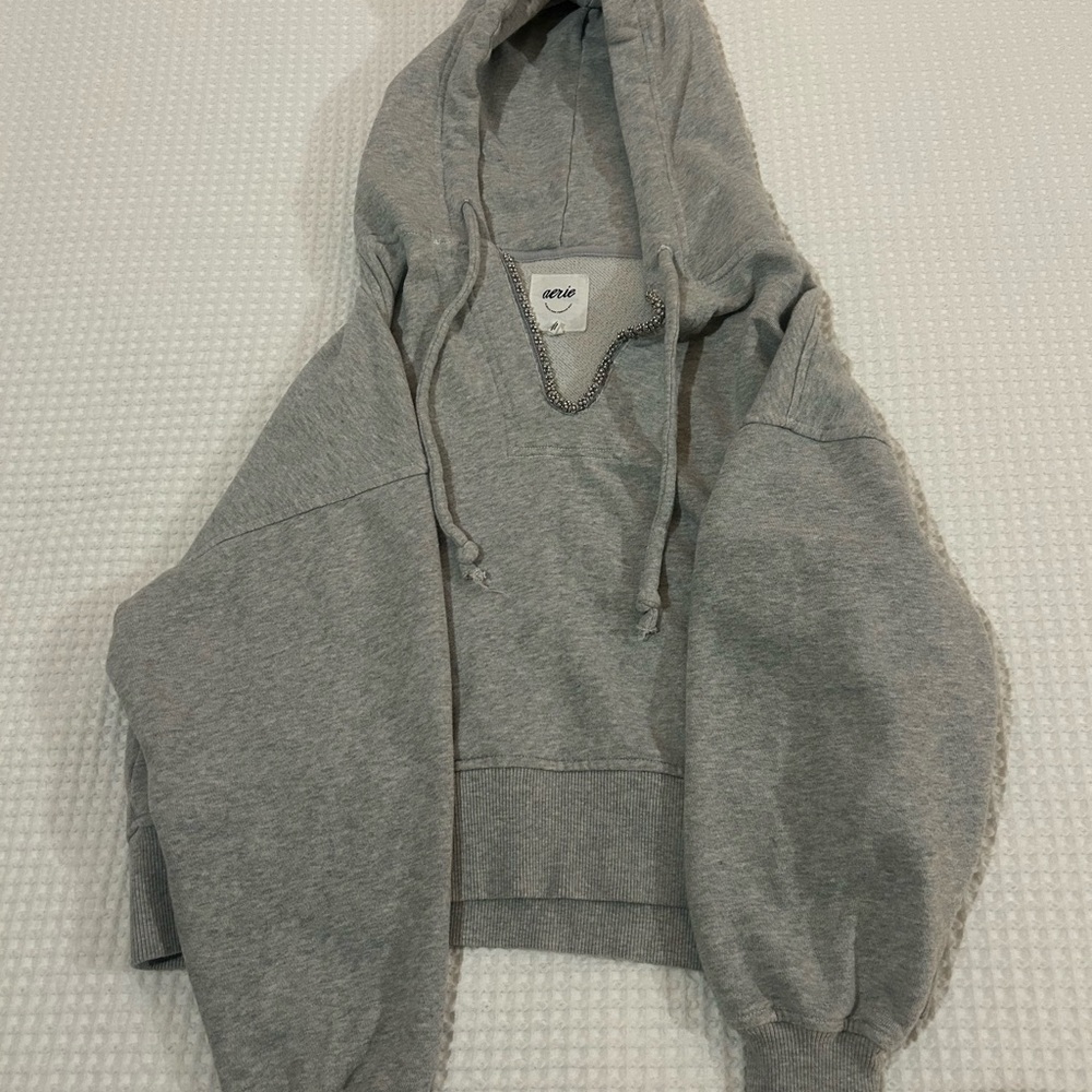Aerie Light Gray Hoodie with Beaded Trim